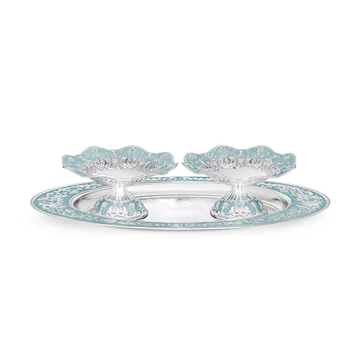 silver sky blue Oval tray with set of 2 galvanic platter