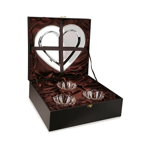 silver Heart tray with 3 glass bowl set