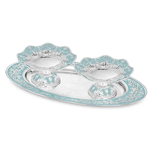 sky blue Oval tray with set of 2 silver galvanic platter