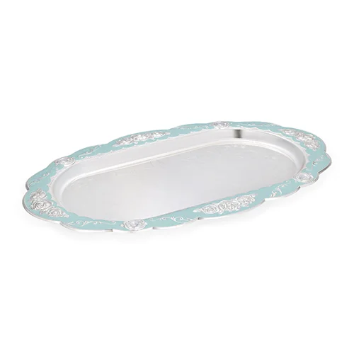 silver Sky Blue Peacock Oval Tray